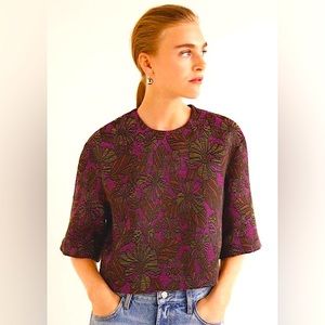 MANGO MNG SUIT Purple Floral Jacquard Cropped Blouse Sz. XXS
